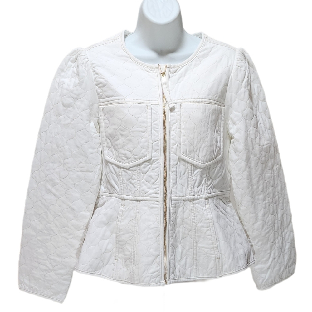Democracy Quilted Denim Jacket Puff Long Sleeve Peplum Hem In Optic White Size S